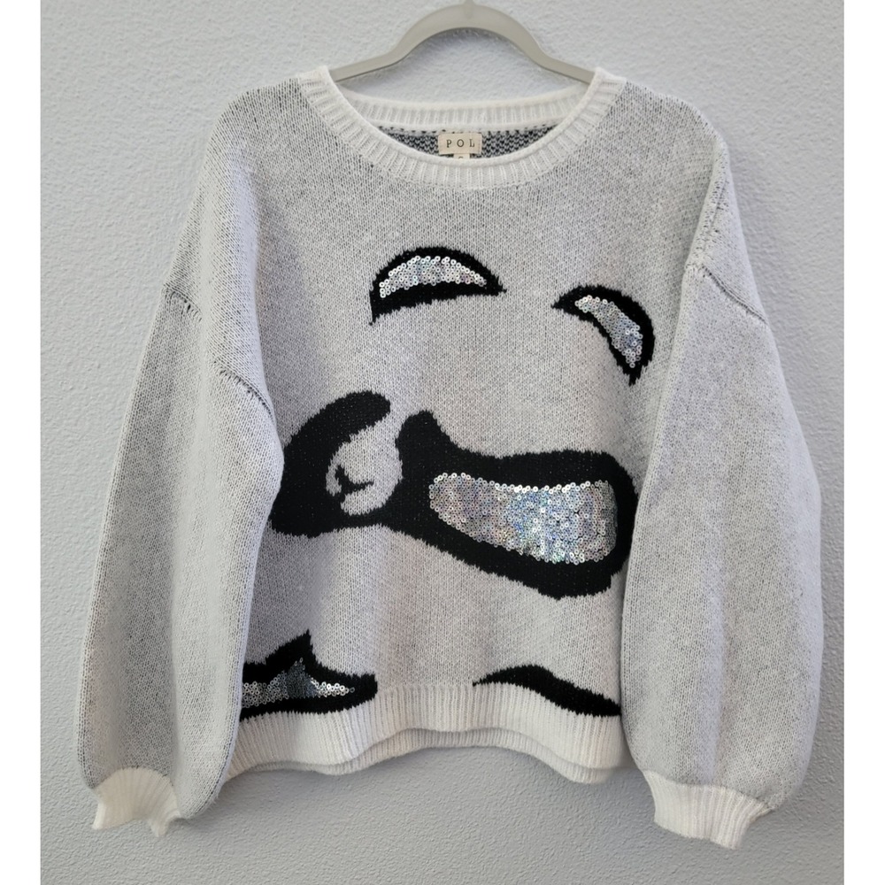 POL Clothing Womens Sequin Graphic Knit Sweater Gray White Oversized Small Panda